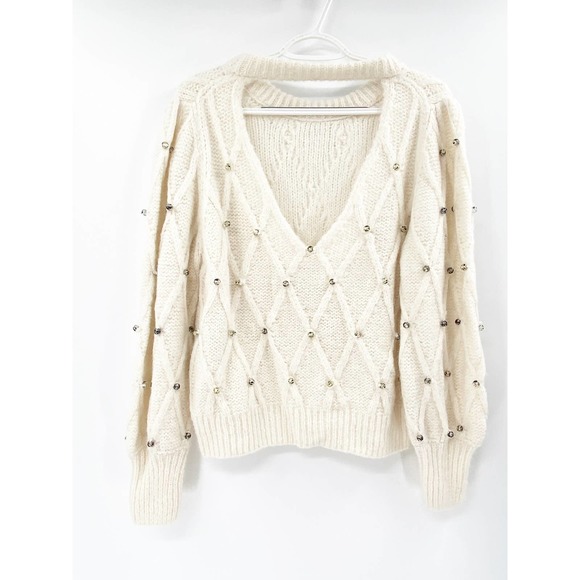 Eleven Six Zaria Ivory Beaded Baby Alpaca Knit V Keyhole Back Crewneck Sweater - Picture 5 of 7